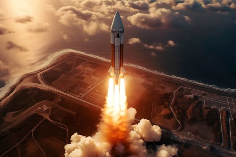 Aerial view of a rocket launch at sunrise sunset over an ocean coast. The rocket is blasting off