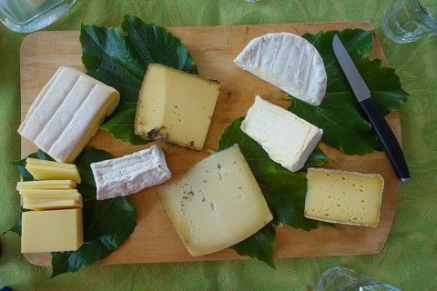 Cheese platter, various cheeses on wooden board, hard cheese, camembert, white mould cheese, goat