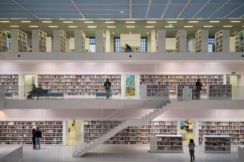 Interior view, gallery hall with staircases of the city library, architect Eun Young Yi, Stuttgart,