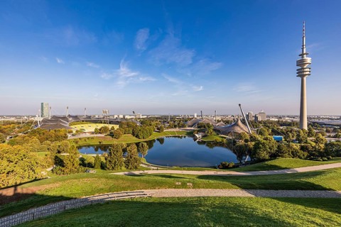 Olympic Park with Olympic Stadium, Olympic Lake and Olympic Tower in Munich, Bavaria, Germany,