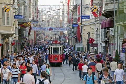 Historic tram in Istiklal Avenue, busy shopping street near Taksim square in the city Istanbul,