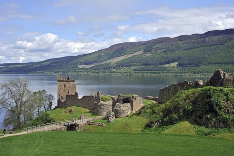 The ruins of Urquhart Castle beside Loch Ness near Drumnadrochit, Scotland, UK