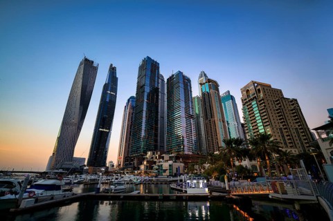Marina, Skyline, Cayan Tower, DAMAC Heights, Logo, Dubai Marina, Evening light, Dubai, United Arab