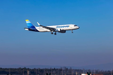 Discover Airlines aircraft with new design on approach, Frankfurt Airport, Fraport Airport.