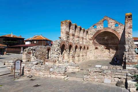 Ruins of a historic building with arched structure and exposed brickwork, Church of St Sophia,