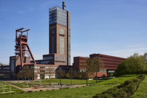 Nordstern colliery with winding tower in Nordsternpark, Gelsenkirchen, Ruhr area, independent city,