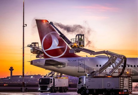 Frost at the airport, a Turkish Airlines aircraft is de-iced in front of sunrise. Airbus A321-231,