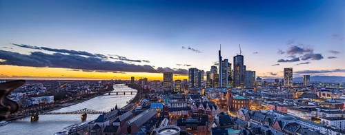 View of the banking district in the evening, skyscrapers of the credit institutions, Mainhatten, in
