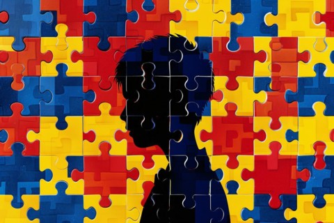 Silhouette of boy child's head with yellow, blue and red jigsaw puzzle pieces. KI generiert,