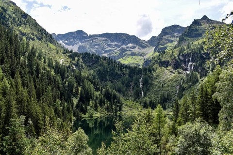 The hut lake and waterfalls at the Hans-Wödl-Hütte, Schladminger Tauern, Styria, Austria, Europe