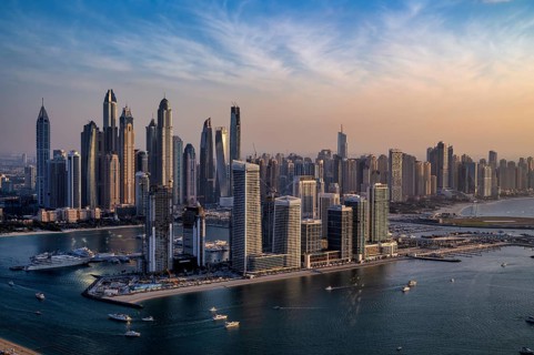 View from The View At the Palm viewing platform onto skyline with Princess Tower, Elite Residence,