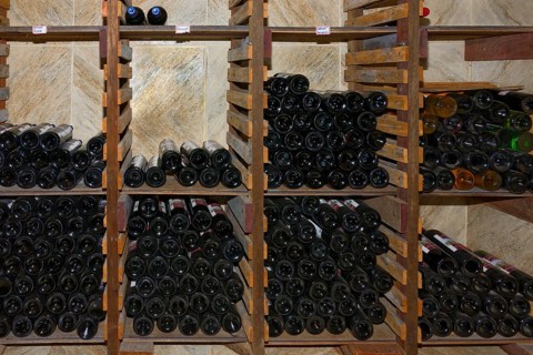 Shelf with wine bottles, Small artisanal winery, Serra da Canastra, Minas Gerais state, Brazil,
