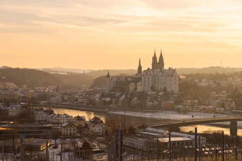 View from the Proschwitz Winery of Meissen Castle Hill with Albrechtsburg Castle, Bishop's Palace