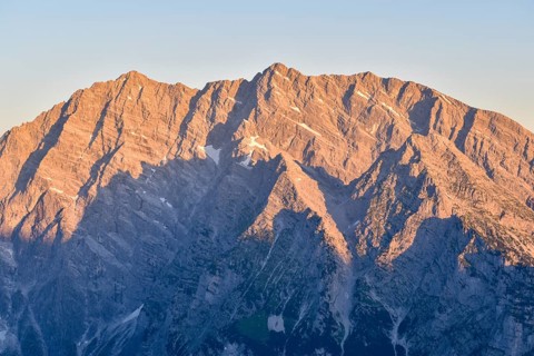 The Watzmann East Face, notorious among climbers, at sunrise, Berchtesgaden National Park, Bavaria,