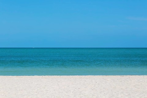 Sandy beach with blue sky and horizon of calm sea, Gulf of Mexico coast, Celestun, Yucatan, Mexico,