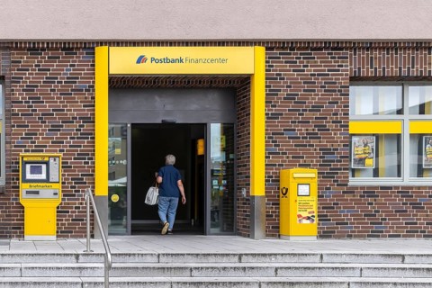 Postbank Finance Centre, entrance to the branch with logo, Göppingen, Baden-Württemberg, Germany,