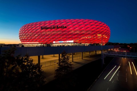 CL, Champions League evening, Allianz Arena, car park, illuminated, overview, blue hour, Munich,