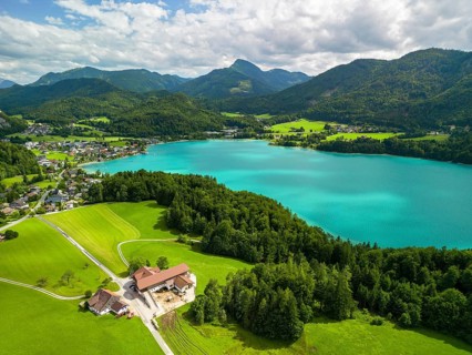 Aerial view of Lake Fuschl, Fuschl am See, Salzkammergut, Flachgau, Salzburg