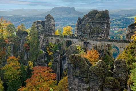 View from the Ferdinandstein to the Bastei bridge, Bastei, Lohmen, Saxon Switzerland, Elbe