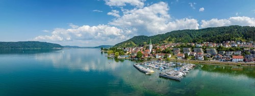 Aerial panorama of Lake Constance with the village of Sipplingen, Lake Constance district