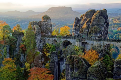 View from the Ferdinandstein to the Bastei bridge, Bastei, Lohmen, Saxon Switzerland, Elbe