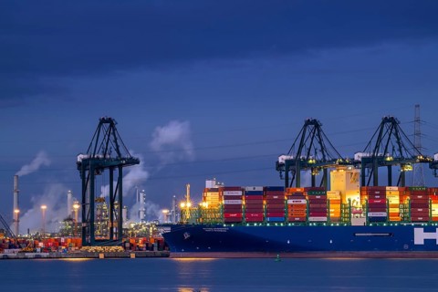 Container ship with stacked containers and gantry cranes at container terminal in the Antwerp port