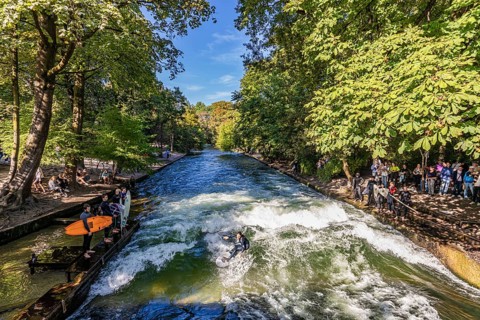 Surfer at the Eisbach in the English Garden, Munich, Bavaria, Germany, Europe