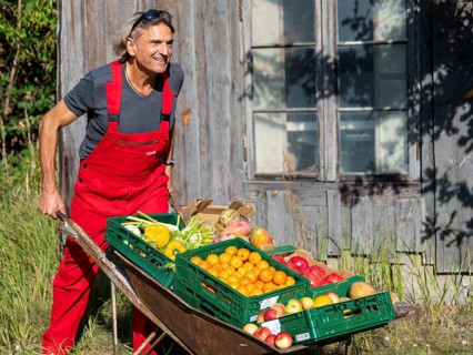 Man with red work trousers pushing wheelbarrow full of different fruits in front of old shed,