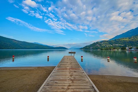 Lake shore, reflection, bathing raft, sky, clouds, twilight, sunrise, summer, Lake Millstatt,
