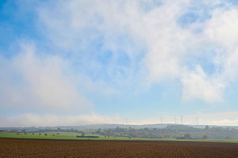 Field landscape, wind turbines, sky, clouds, autumn, beeches, Odenwald, Baden-Württemberg, Germany,