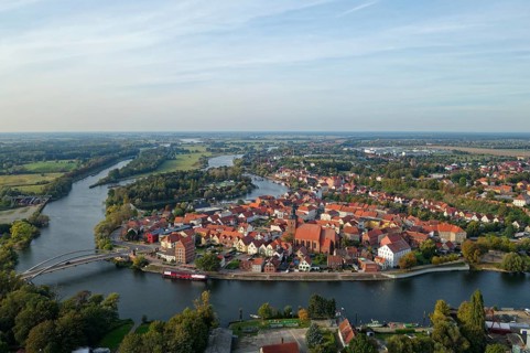 Aerial view of the city island, the old town of the Hanseatic city of Havelberg an der Havel in the