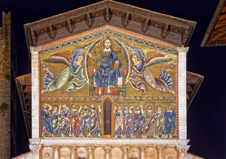 Angels carry Christ in the mandorla to heaven, mosaic with Ascension of Christ and Apostles, San