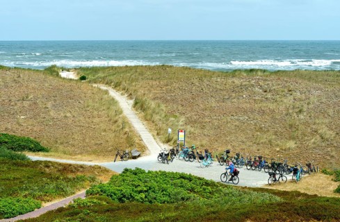 Parking space for bicycles in the dune area Pirolatal, North Sea island Langeoog, East Frisian