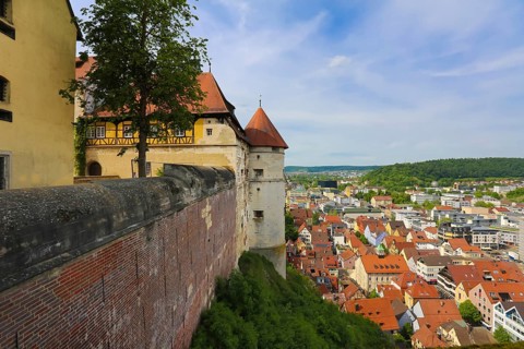 Old annexe with tower of the north gate, Hellenstein Castle, view of Heidenheim town, historical