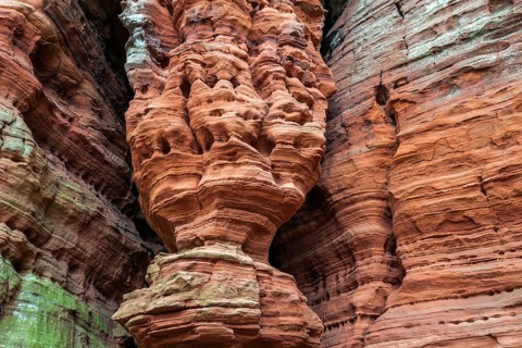 Eroded red sandstone, old castle rock, close-up, natural and cultural monument, Brechenberg near