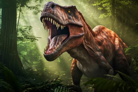 Tyrannosaur rex roaring in a prehistoric forest with lush vegetation, ferns and sunlight, AI