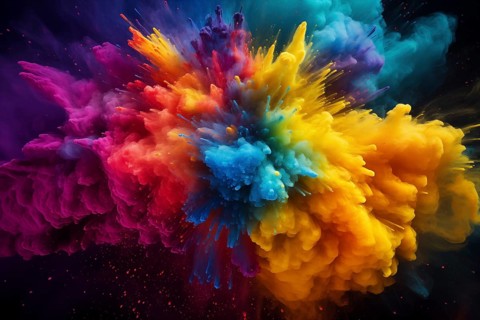 Holi background, vibrant and colorful powder smoke explosion on black background, AI generated
