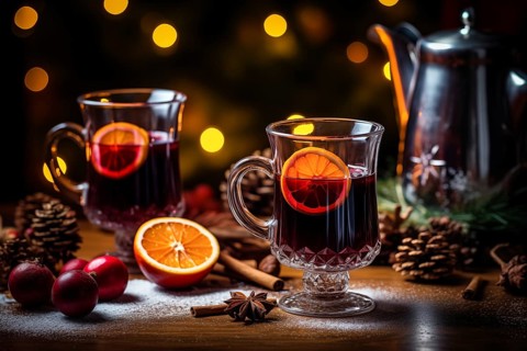 Glass of traditional mulled wine with orange and cranberry garnishes on a cozy Christmas table. The
