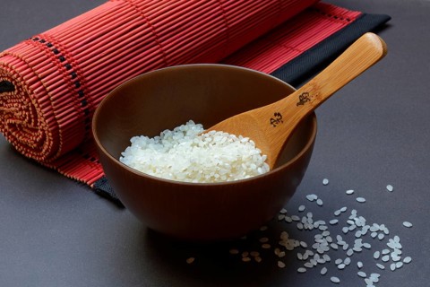 Rice, white rice in bowl with wooden ladle