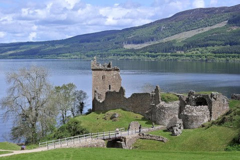 Ruins of the medieval Urquhart Castle along Loch Ness near Drumnadrochit, Scottish Highlands,