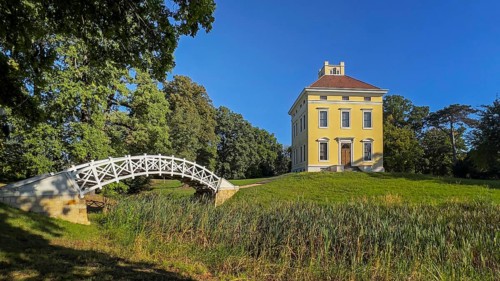 Luisium Palace in the Dessau-Wörlitz Garden Kingdom, White Bridge over the palace pond, Unesco
