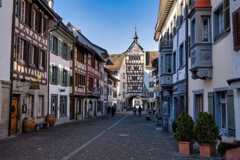 Pedestrian zone with old half-timbered buildings in the historic old town of Stein am Rhein, Canton
