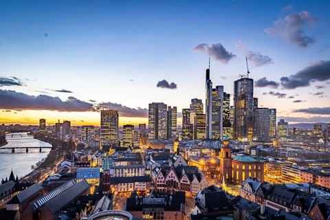 View of the banking district in the evening, skyscrapers of the credit institutions, Mainhatten, in