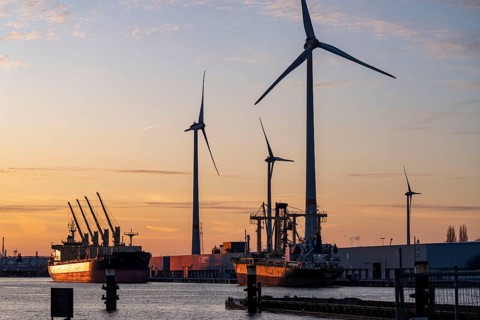 The port of Antwerp, on the Scheldt, is the second largest seaport in Europe, Wind turbines in the