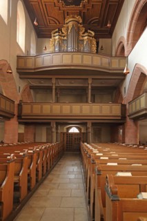 Organ and empty pews, interior view, collegiate church, Feuchtwangen, Middle Franconia, Franconia,