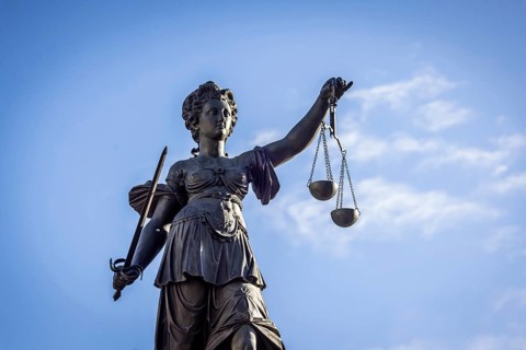 Justitia, Roman goddess of justice. Römerberg, city centre of Frankfurt am Main, Hesse, Germany,