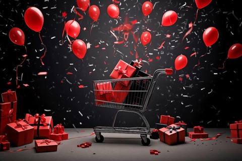 A black Friday Sale concept, black present boxes with red ribbons in shopping cart on a black