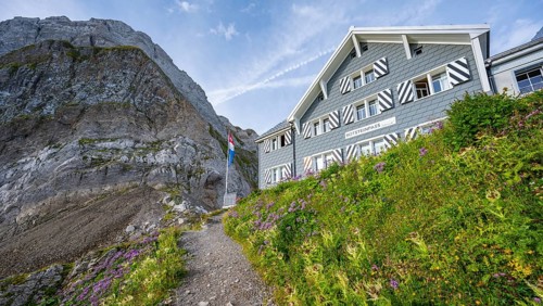 Mountain hut on the Rotstein Pass, SÃ¤ntis, Appenzell Ausserrhoden, Appenzell Alps, Switzerland,