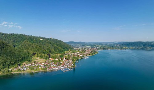 Aerial panorama of Lake Constance with the village of Bodman, Bodman-Ludwigshafen, Constance