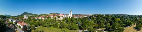 Aerial panorama of the town of Engen, on the left on the horizon the Hegau volcanoes Hohenstoffeln